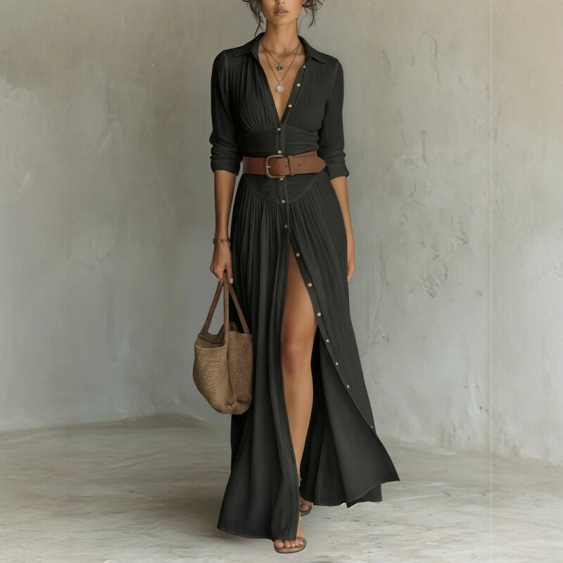 Black long shirt dress with collar, button front and brown belt, close view for size L