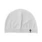 White knitted dome beanie with an embroidered cross on the front, smooth nylon knit