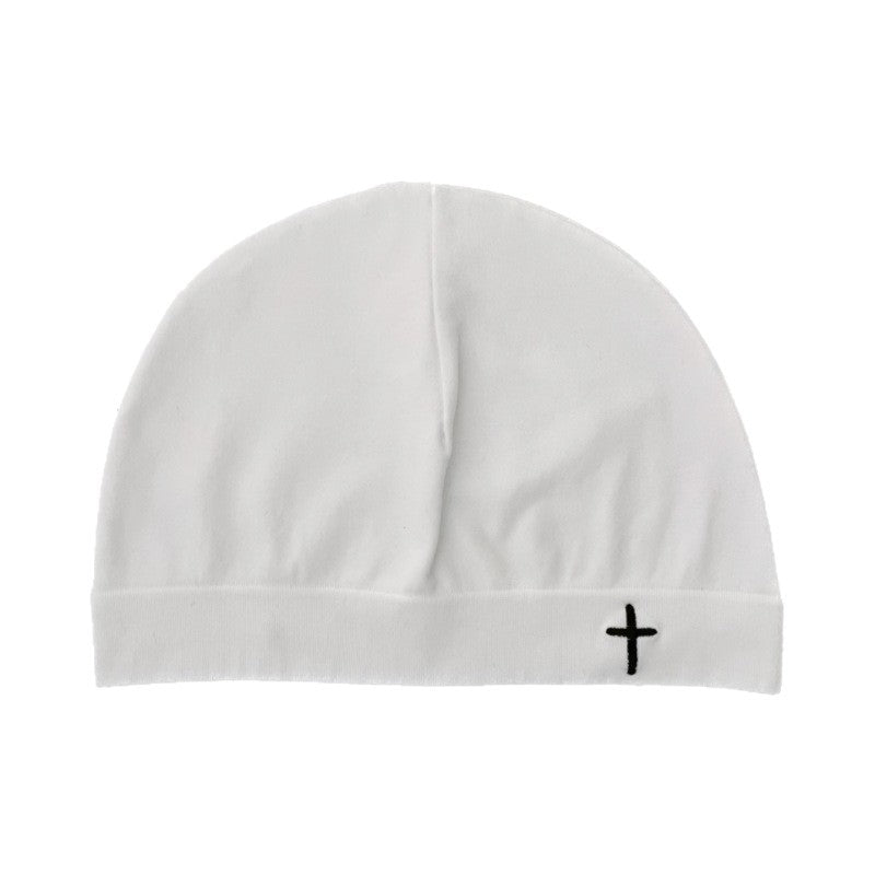 White knitted dome beanie with an embroidered cross on the front, smooth nylon knit