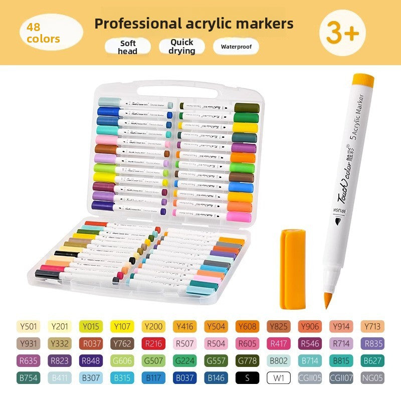 Forty eight color acrylic marker set in a clear carry case with labeled color codes below