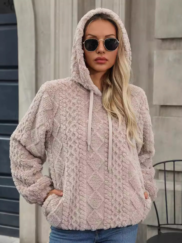 Close up of the plush jacquard knit texture and brushed-back interior