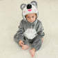 Koala hooded flannel baby jumpsuit in gray with a white animal face hood, option 120cm