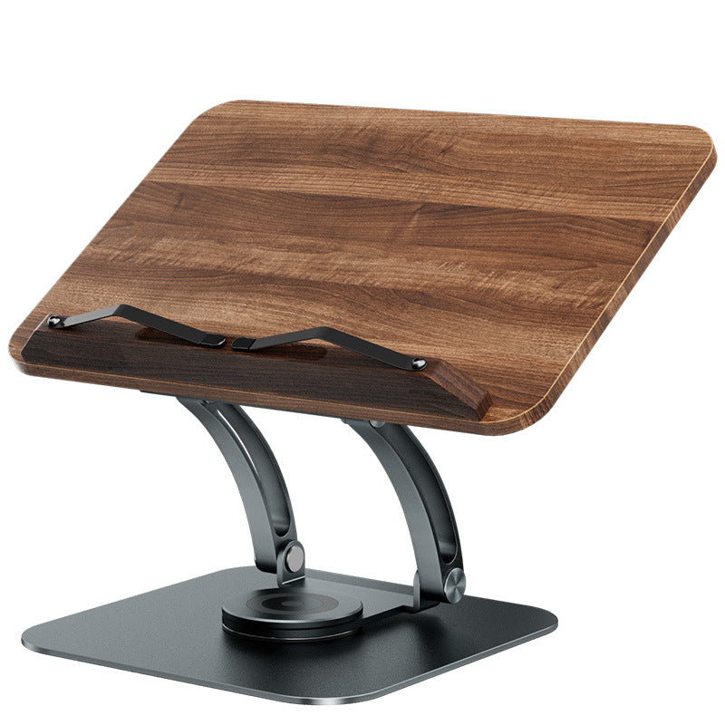 Gray metal reading stand with a tilting wood-grain board, two curved arms, page holders and a swivel base, front view