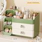 Vintage green L3 cosmetic organizer with a brush tower and two off-white drawers with round knobs, dimension lines shown