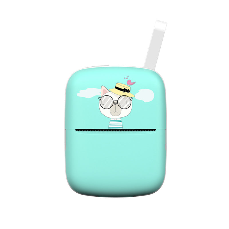 Mint green thermal printer with a cat in a sun hat illustration and a paper strip at the top, A8 option