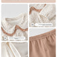 Detail panels of the doll collar, snap front, cuff and elastic-waist pants of the toddler girls set
