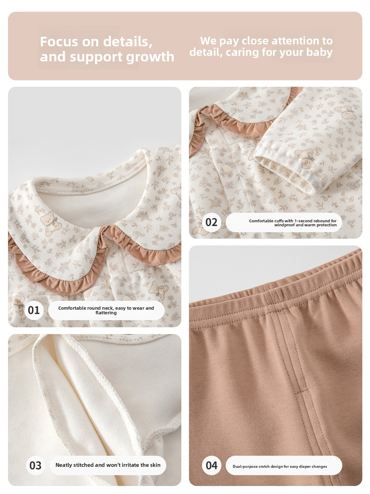 Detail panels of the doll collar, snap front, cuff and elastic-waist pants of the toddler girls set