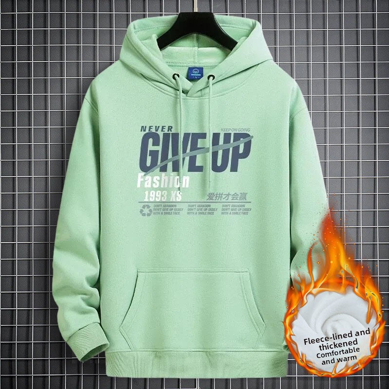 Mint Green fleece-lined hooded sweatshirt with a NEVER GIVE UP graphic and front pocket, size M option