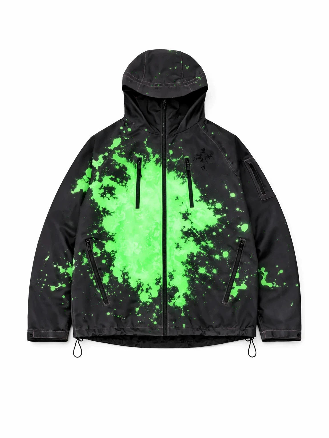 Black hooded zip jacket with fluorescent green splash ink print, chest zip pockets and hem cord