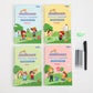 Four pastel Sank Magic copybooks marked ages 3 plus with pen holder, refills and grip trainer