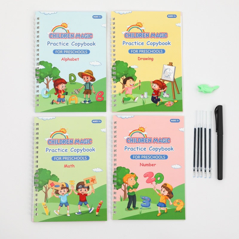 Four pastel Sank Magic copybooks marked ages 3 plus with pen holder, refills and grip trainer