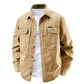 Men's khaki cotton shirt jacket with flap chest pockets, front view, size L option