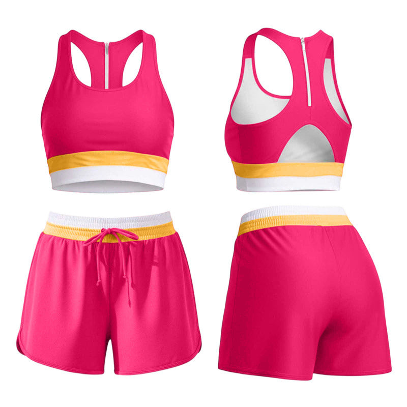 Pull on swim shorts with a drawstring waist, contrast color block band and two side pockets