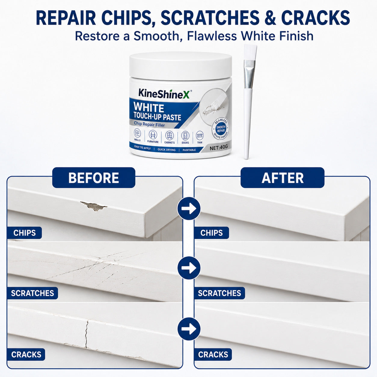 Before and after panels showing chips, scratches and cracks on white surfaces filled with the white paste