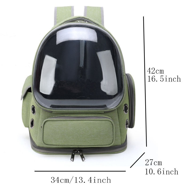 Khaki bubble pet carrier backpack shown from the back with reflective strap trim
