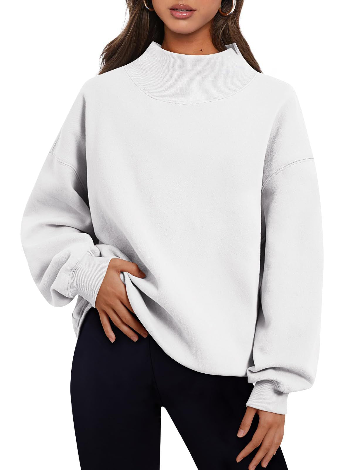 White oversized mock neck sweatshirt with ribbed cuffs and hem, worn with black leggings, photo for size M
