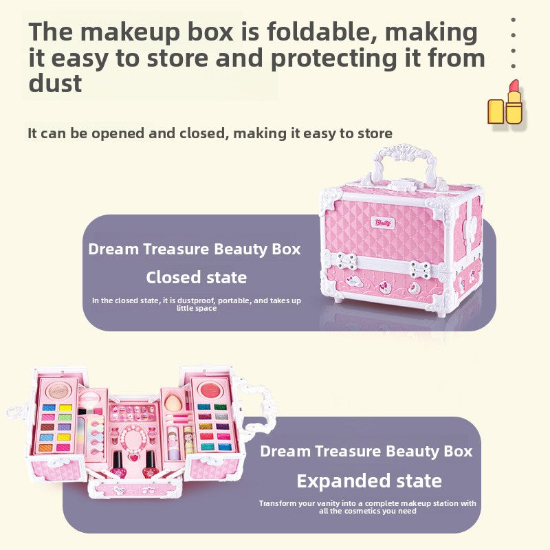 Pink makeup case shown closed with its carry handle and open into stepped trays, beside a text panel about folding storage