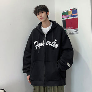Loose-fit zip-up hoodie with American-style print