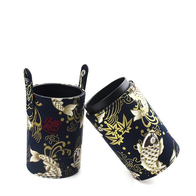 Navy gold koi pattern PU brush holder with the lid lifted