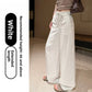 Womens high waist wide leg linen blend drawstring trousers, detail of the slant side pocket in the seam