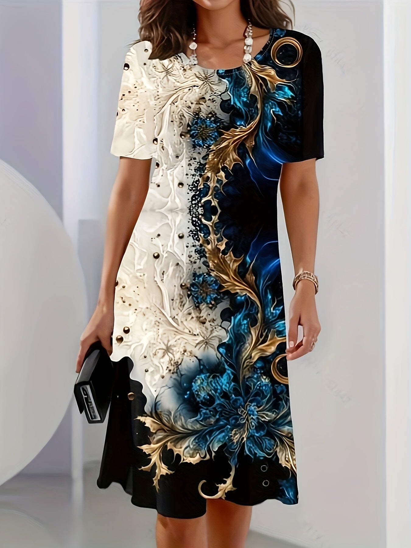 Floral print round neck short sleeve dress shown on a model against a white wall