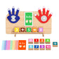 Wooden finger math board with blue and red felt hands, a 3 plus 5 card, number blocks and a stack of practice cards