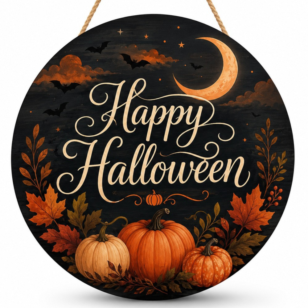 Halloween wooden sign printed with a seasonal design, square hanging plaque for a door or wall