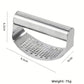 Garlic press size panel showing about 9.5 by 6.5 by 5 cm and 75 g stainless steel build