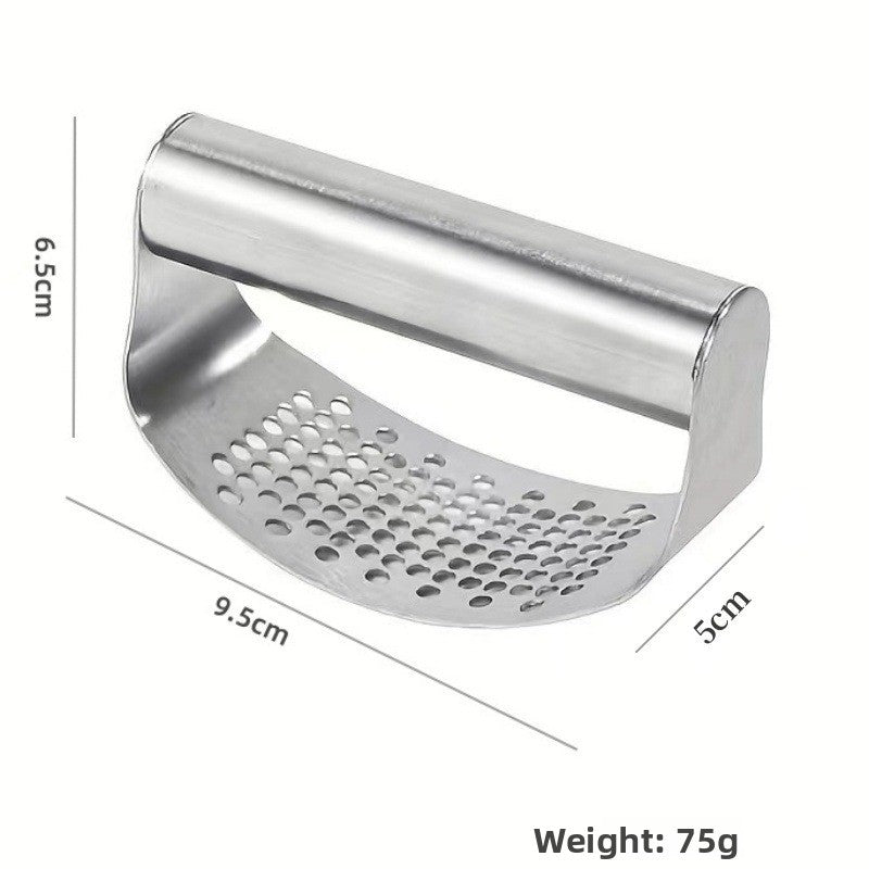 Garlic press size panel showing about 9.5 by 6.5 by 5 cm and 75 g stainless steel build