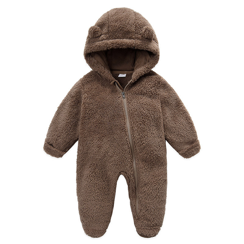 Brown plush fleece infant romper with bear ear hood and front zip, option image for size 3