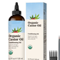 Front view of the organic castor conditioning hair oil bottle and matching box, pale blue and cream label