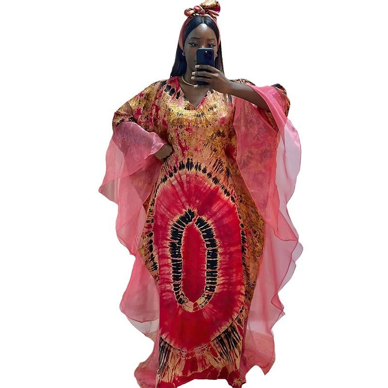 African print kaftan maxi dress with wide sheer mesh oversleeves and a V neckline
