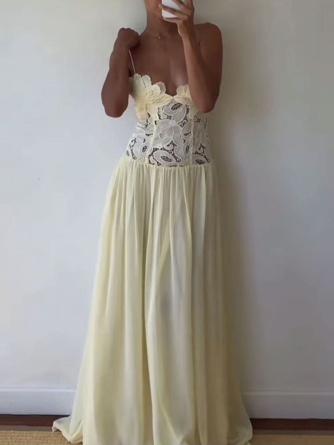Elegant lace patchwork slip dress front view worn by model