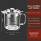 Glass oil filter pot of 1000 ml shown with its height of 15 cm and width of 12.5 cm
