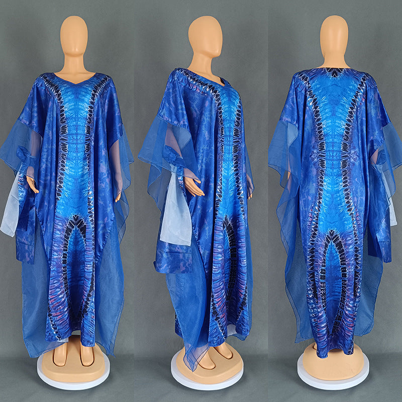 Blue ground African print kaftan with sheer mesh oversleeves, Fit 4 Blue option photo