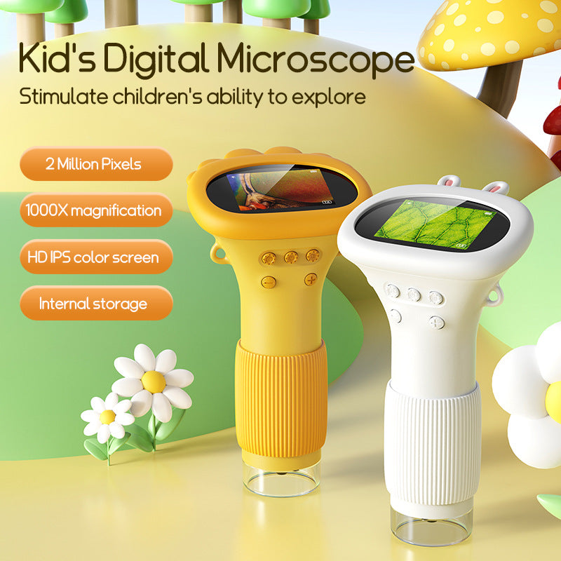 Yellow and white kids digital microscopes on a mushroom hill scene with 1000X and 2 million pixel badges