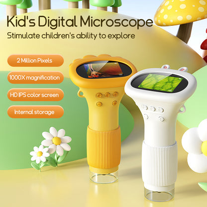 Yellow and white kids digital microscopes on a mushroom hill scene with 1000X and 2 million pixel badges