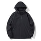 Storm placket front zip of the mens hooded jacket in close view