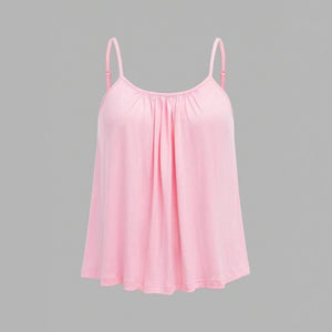 Flowy pleated camisole tank shown from the front with a shirred neckline and loose A line drape