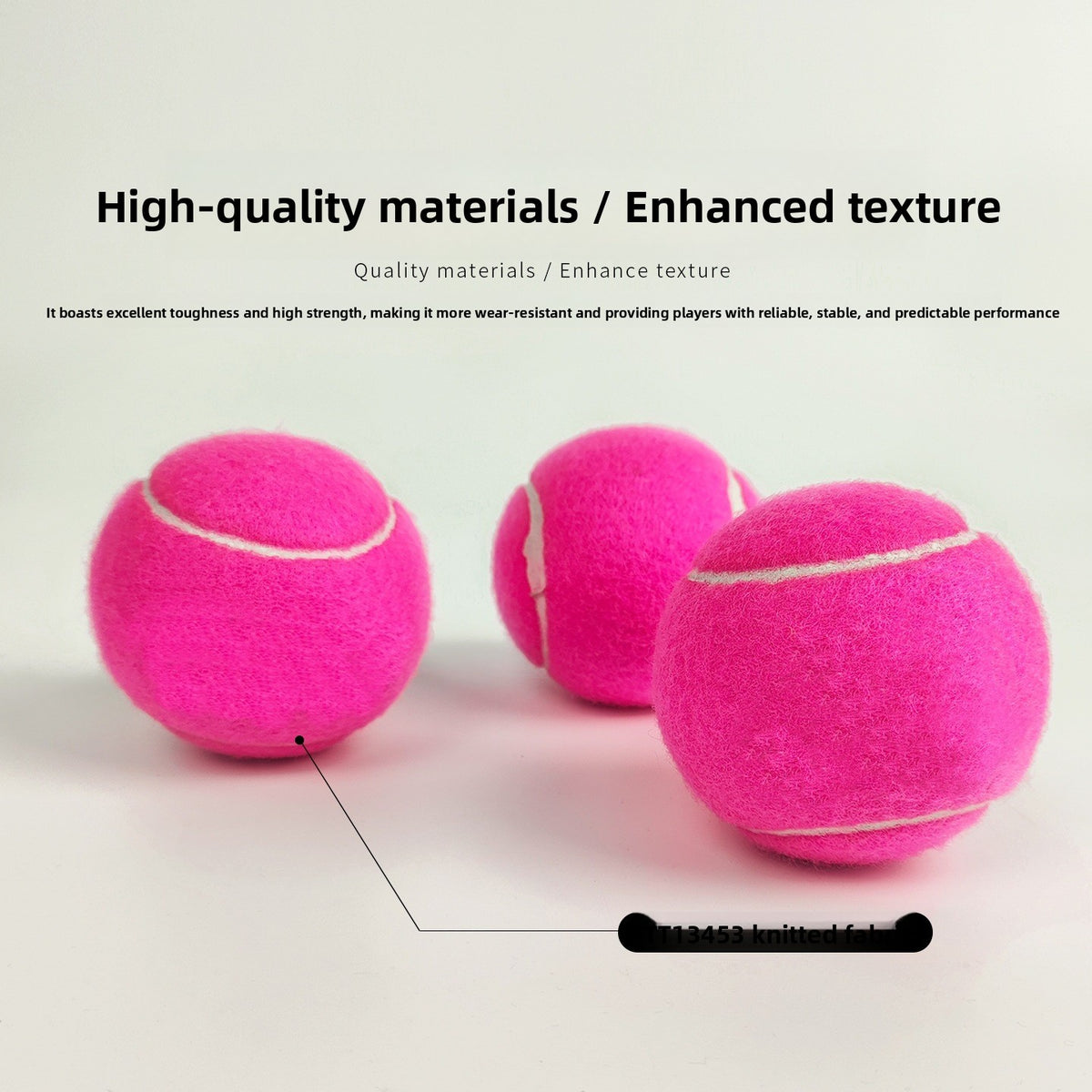 Three pink knitted felt padel balls on a pale surface with a callout pointing to the TTI3453 knitted felt cover