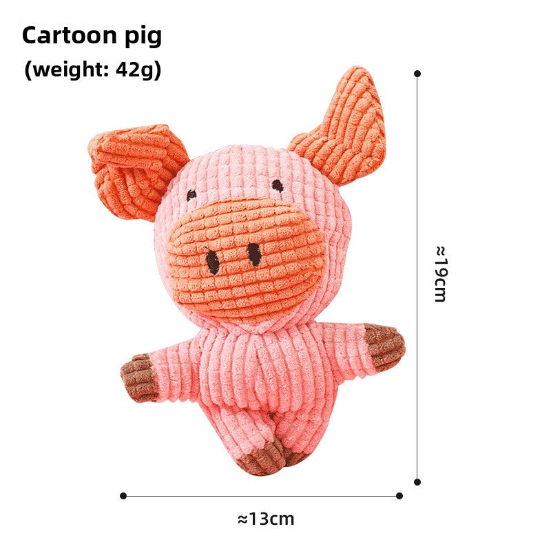 Soft corn velvet and plush squeaky pet toy shaped like a cartoon animal on a plain background