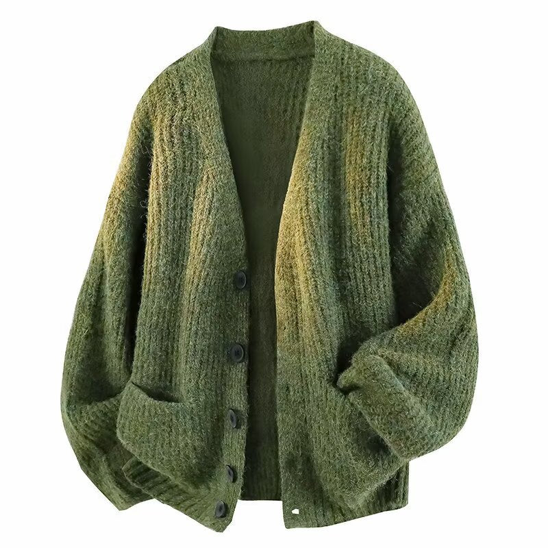 Green ribbed knit V-neck cardigan with buttons and patch pockets, Green option, size L