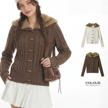 Womens Cable Knit Hooded Cardigan with Vegan Fur Trim and Toggle Front