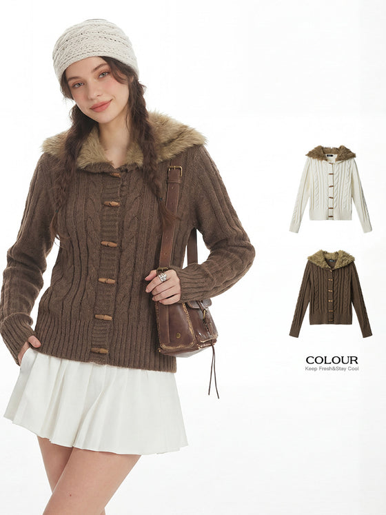Womens Cable Knit Hooded Cardigan with Vegan Fur Trim and Toggle Front