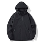 Black mens hooded shell jacket laid flat with the hood up