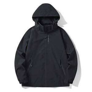 Black mens hooded shell jacket laid flat with the hood up