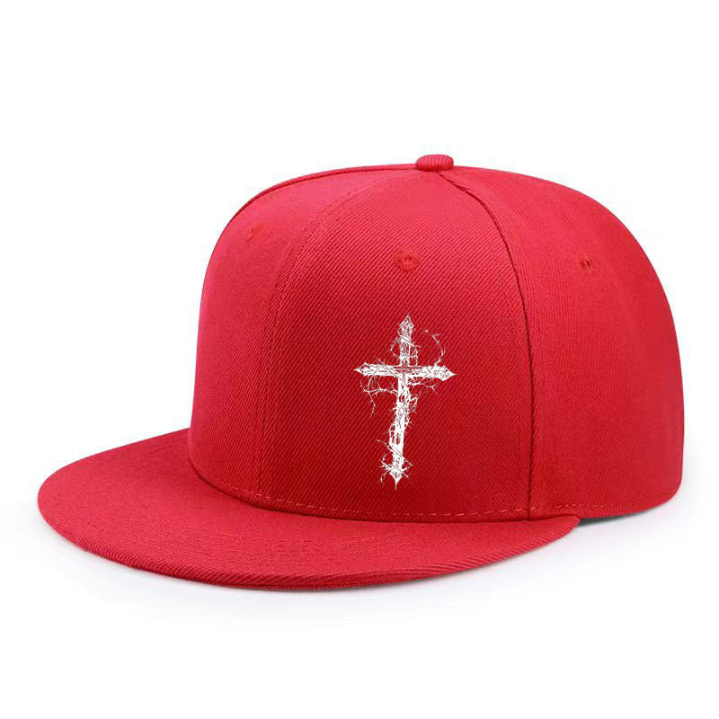 Red flat brim baseball cap with a white lightning styled cross on the front panel