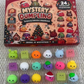 Mystery Dumpling advent calendar box above a tray of squishy dumplings and cubes in green, orange, blue, purple and yellow