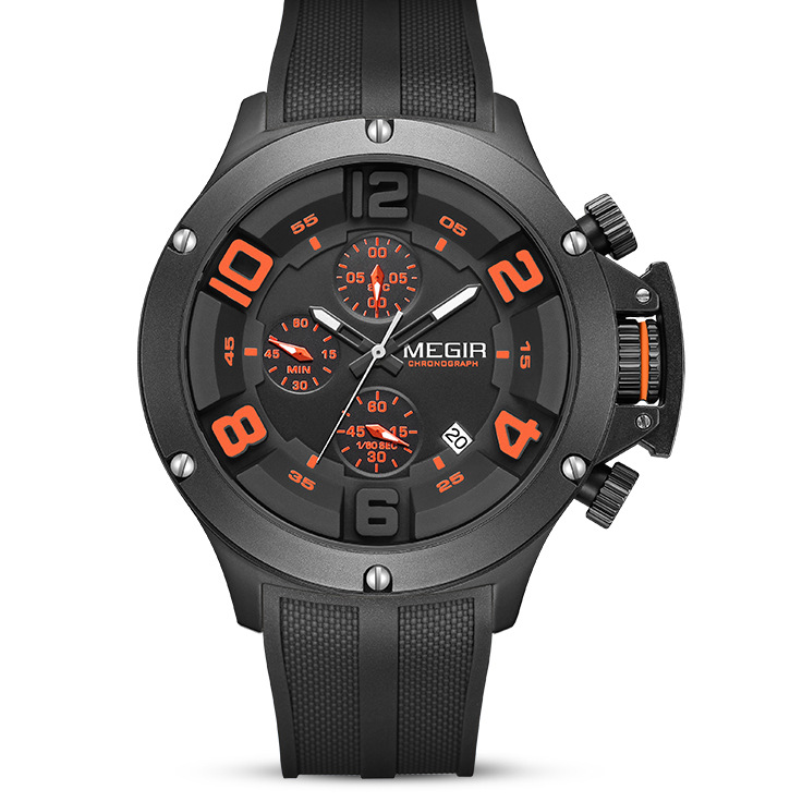 MEGIR watch blue and white silicone strap black case sports dial front view