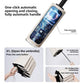 Navy blue folding umbrella for sunny and rainy days with a black coated underside